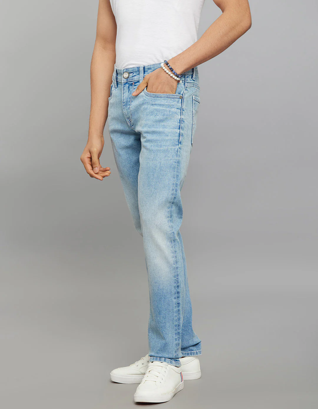 Light Blue 5 Pocket Mid-Rise Slim Straight Fit Stretch Jeans - Image 3