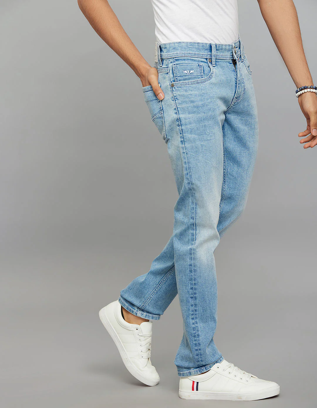 Light Blue 5 Pocket Mid-Rise Slim Straight Fit Stretch Jeans - Image 4