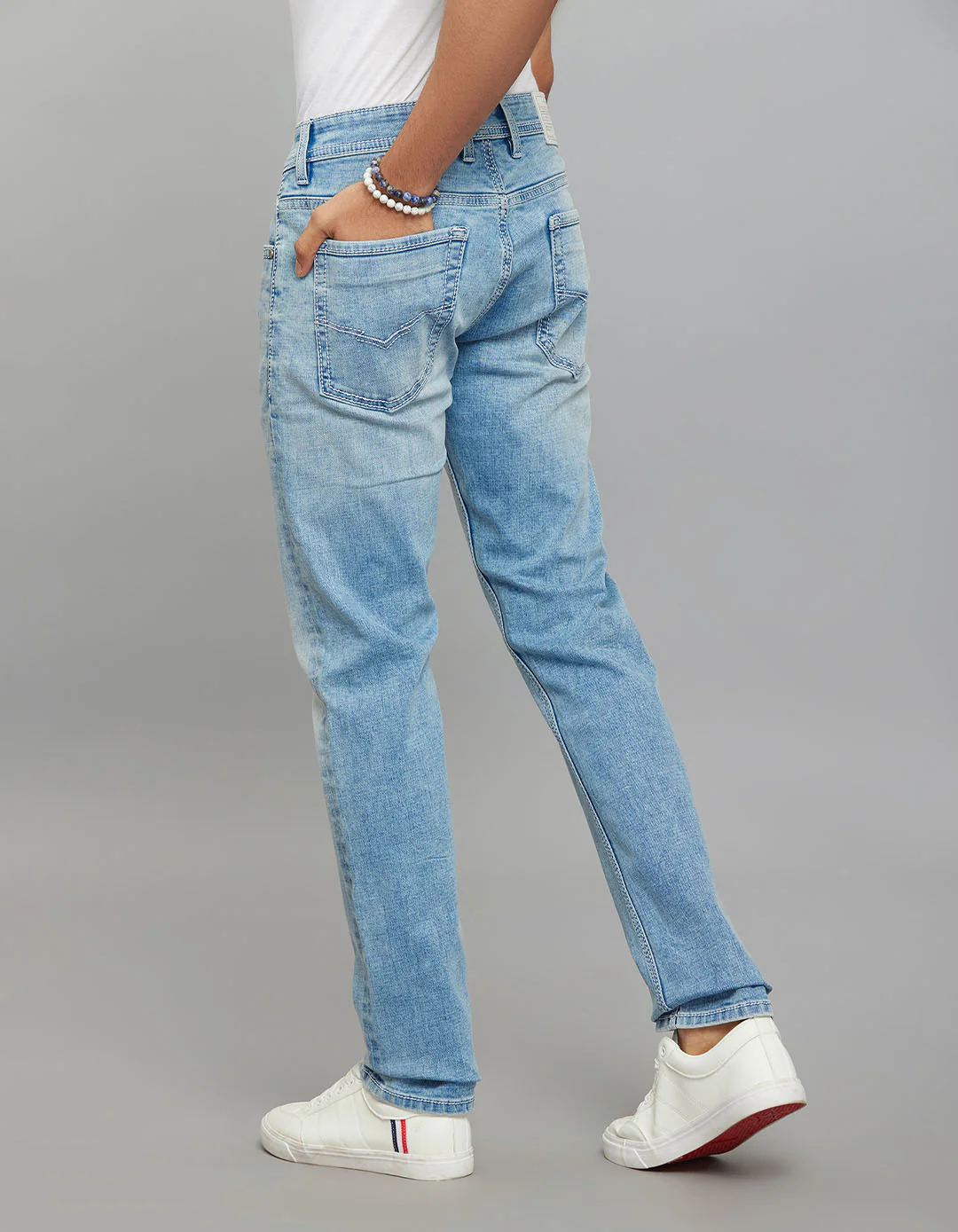 Light Blue 5 Pocket Mid-Rise Slim Straight Fit Stretch Jeans - Image 5