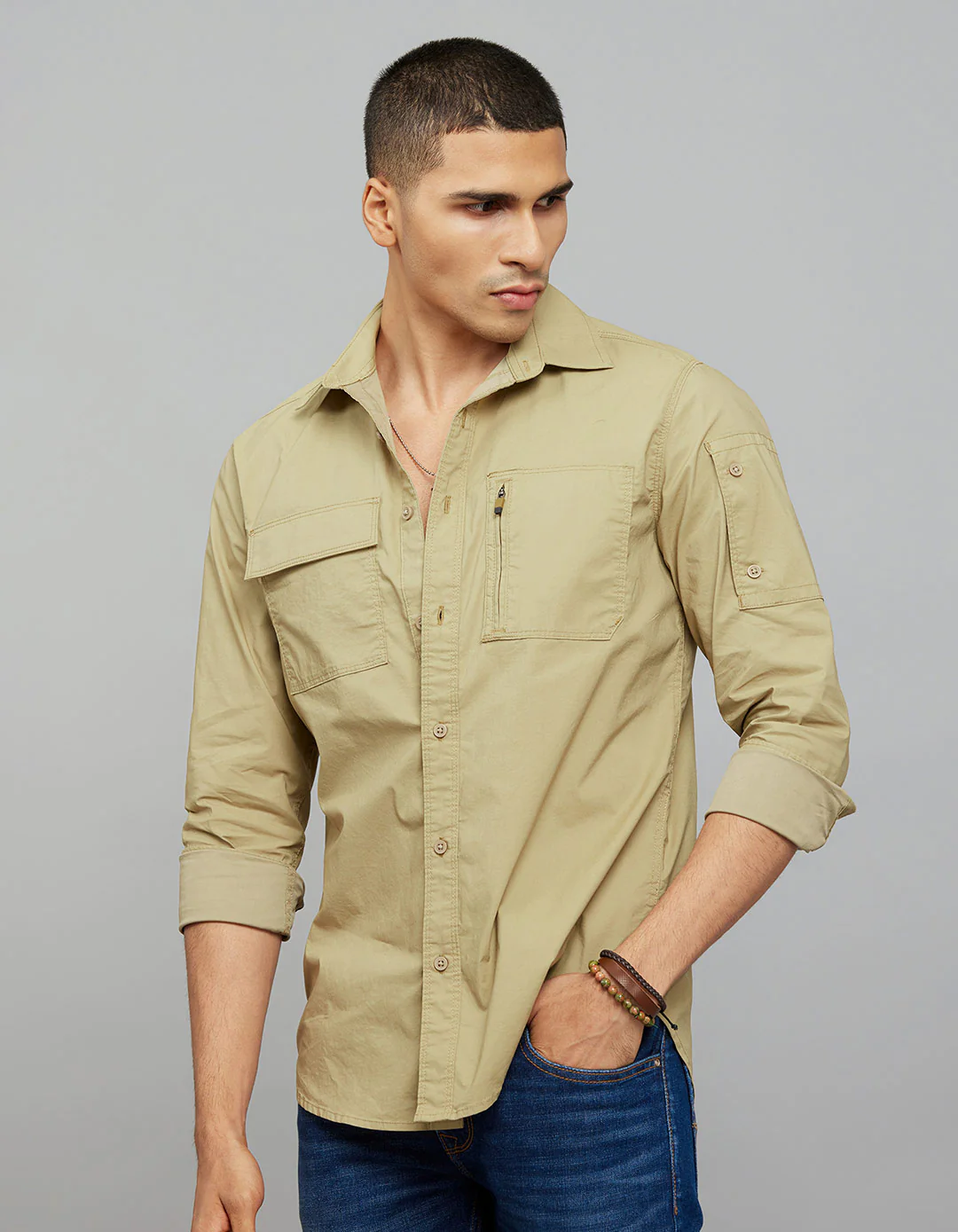 Light Khaki Full Sleeves Cargo Shirt - Image 4