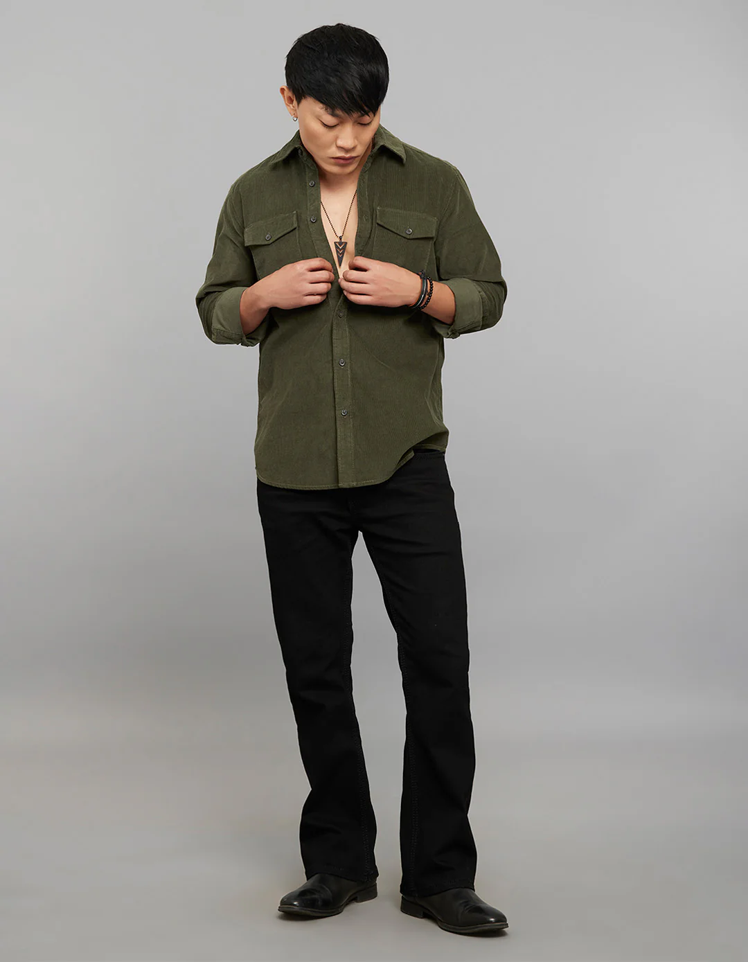 Light Olive 100% Cotton Full Sleeves Corduroy Shirt - Image 2