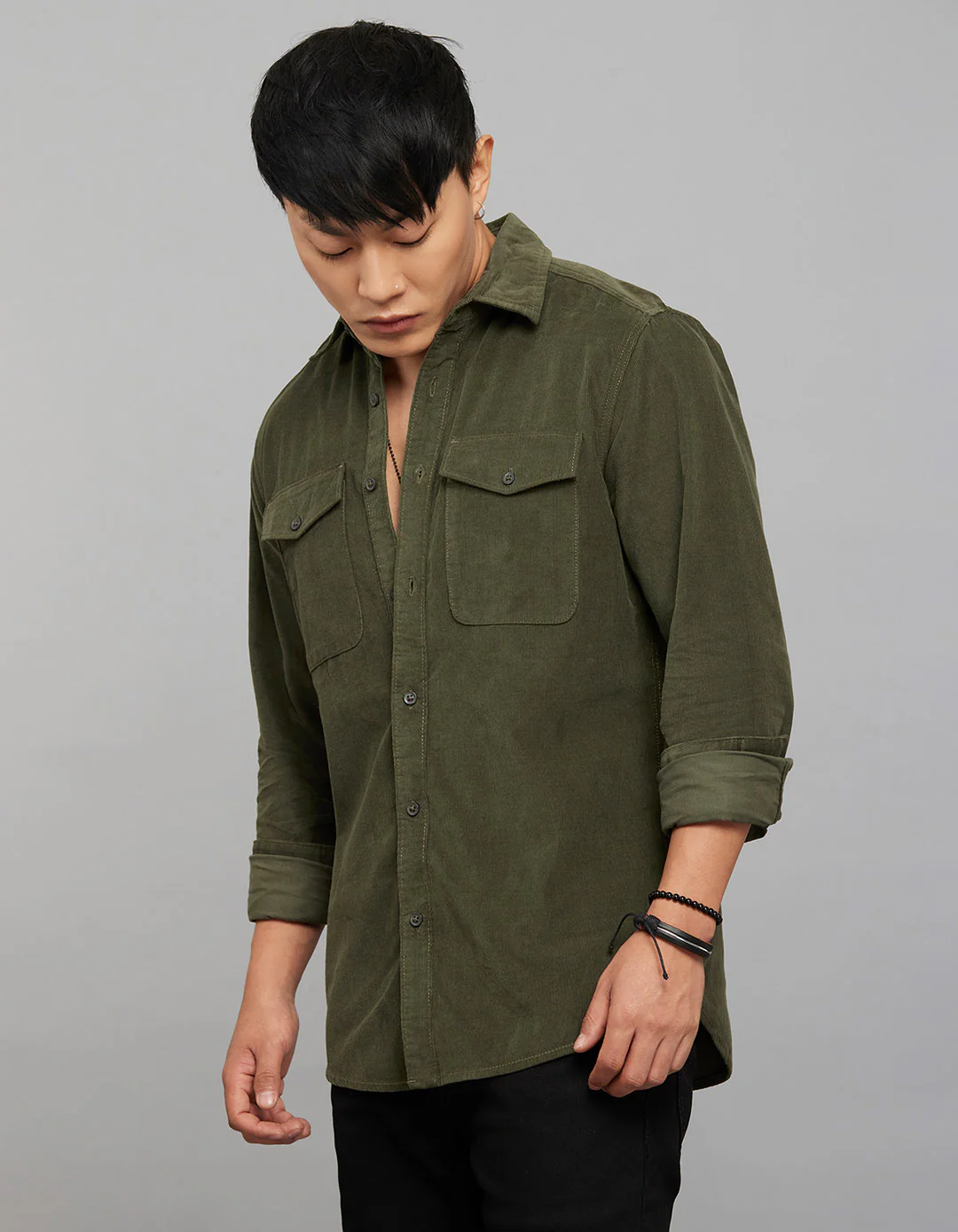 Light Olive 100% Cotton Full Sleeves Corduroy Shirt - Image 3