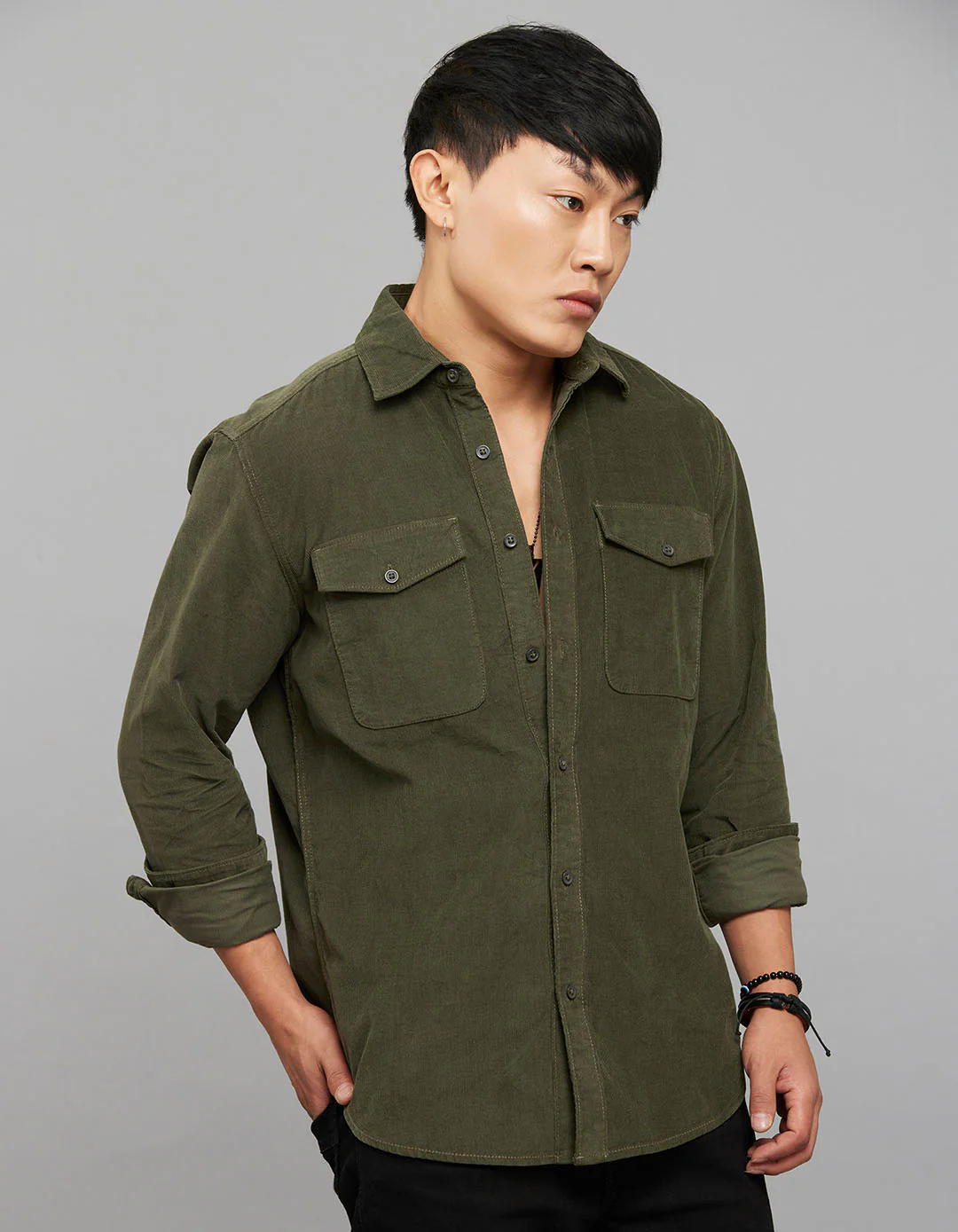 Light Olive 100% Cotton Full Sleeves Corduroy Shirt - Image 4