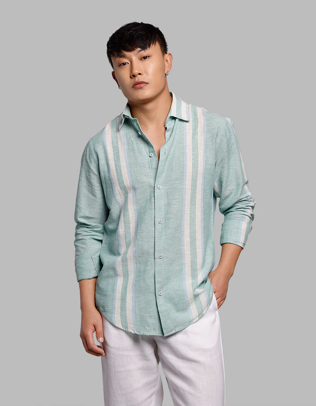Light Pista Full Sleeves Linen Blend Stripe Shirt