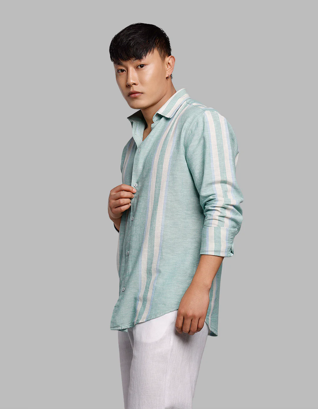 Light Pista Full Sleeves Linen Blend Stripe Shirt - Image 3