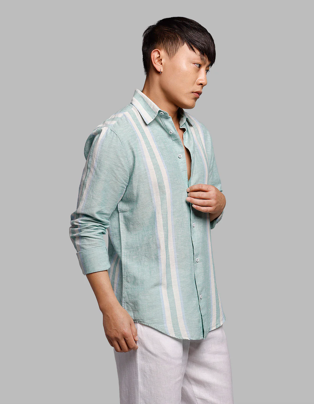 Light Pista Full Sleeves Linen Blend Stripe Shirt - Image 4