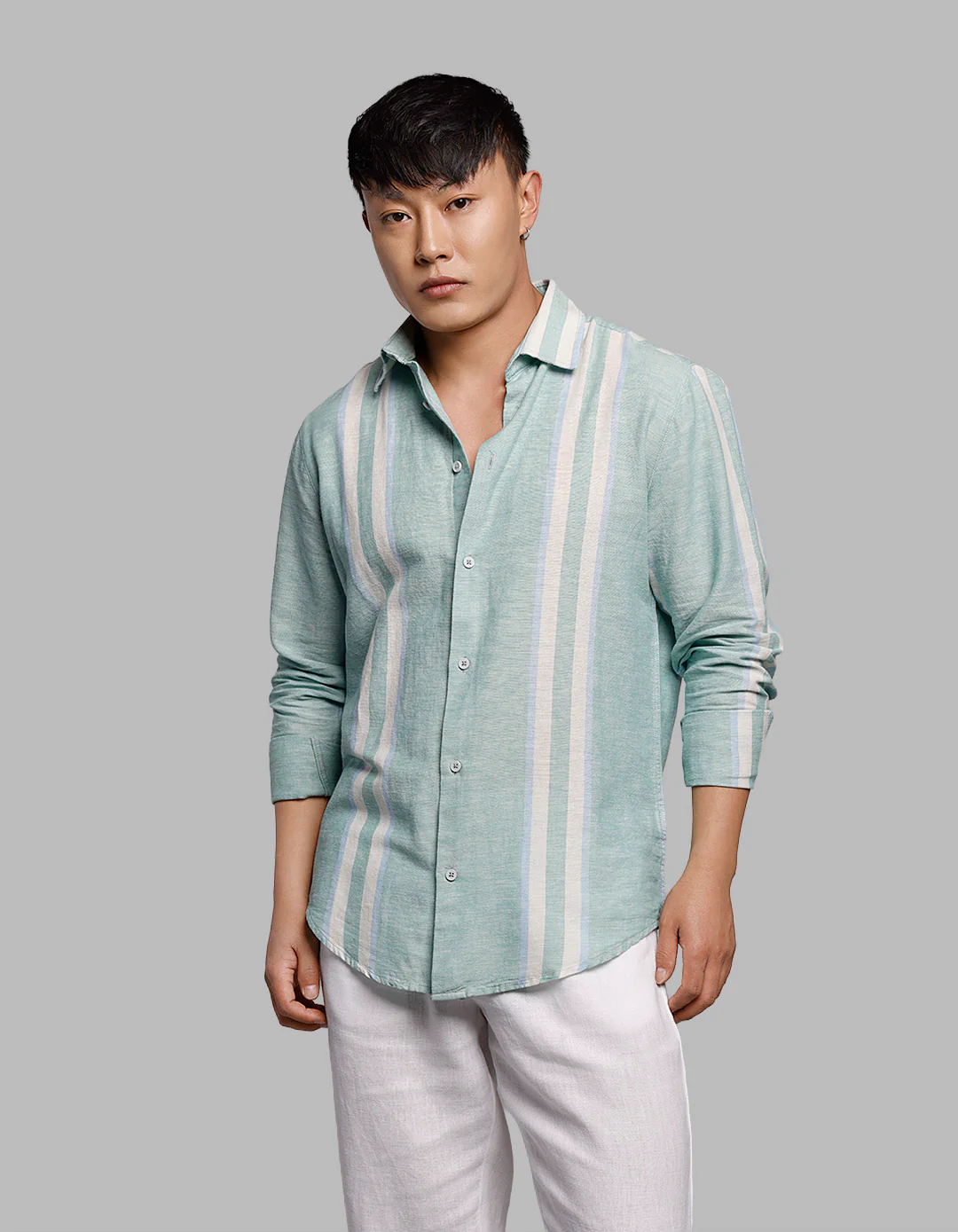 Light Pista Full Sleeves Linen Blend Stripe Shirt - Image 6