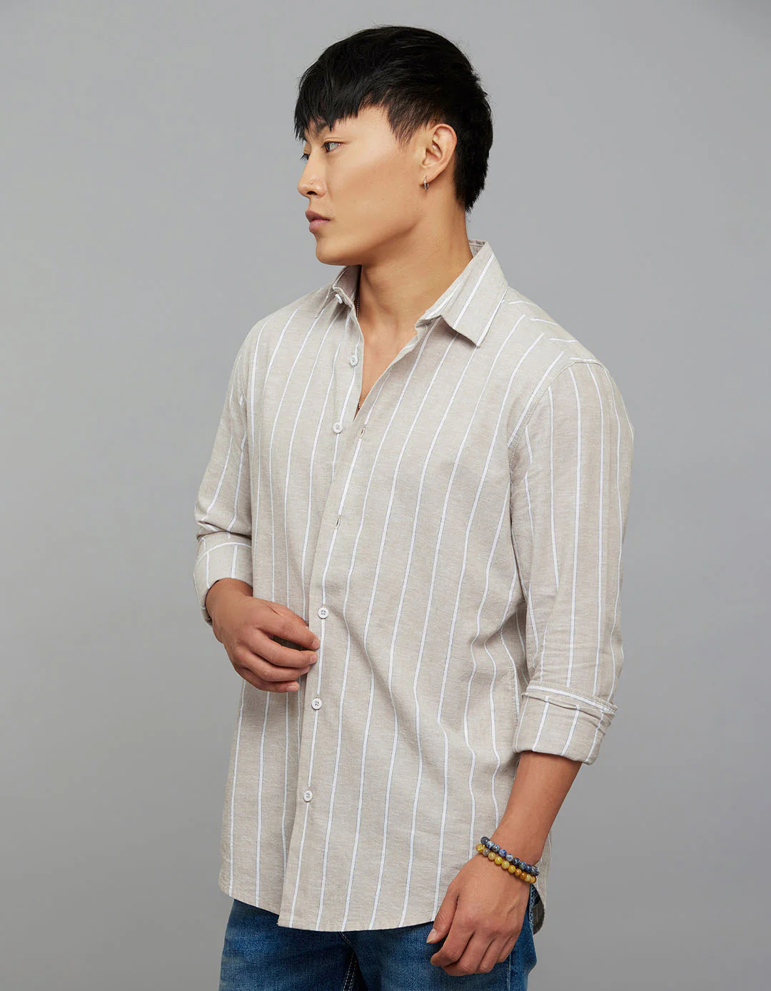 Light Sand Full Sleeves Linen Blend Stripe Shirt - Image 3