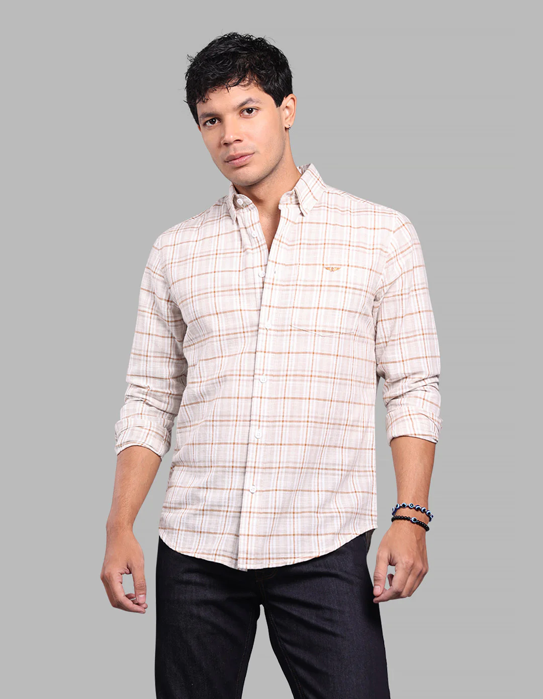 Lt Beige Full Sleeve Check Shirt