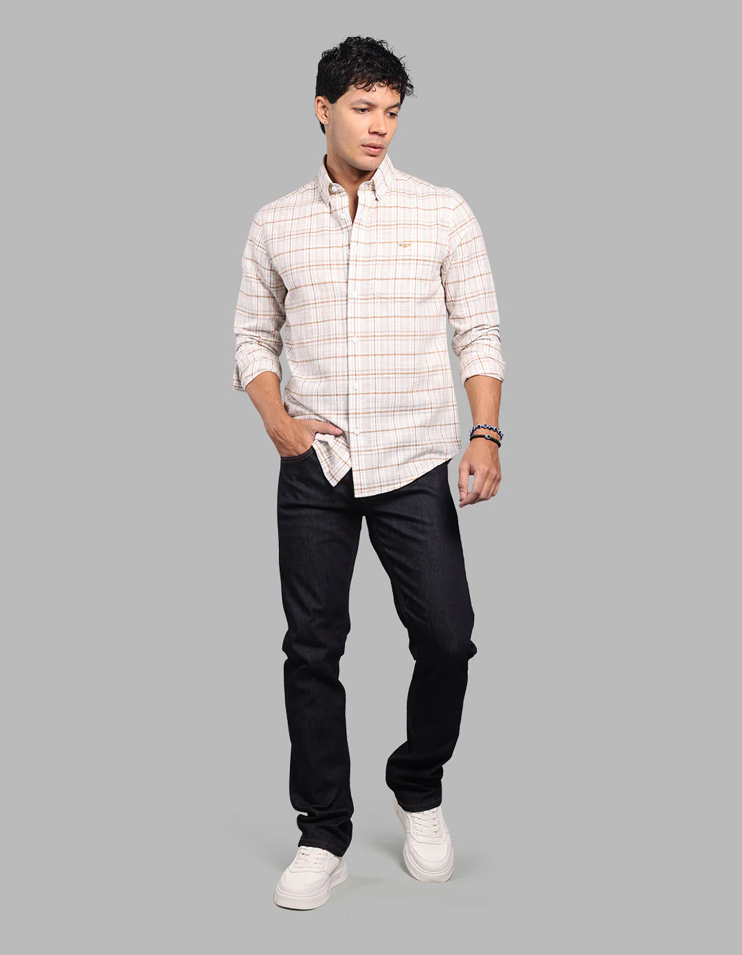 Lt Beige Full Sleeve Check Shirt - Image 2