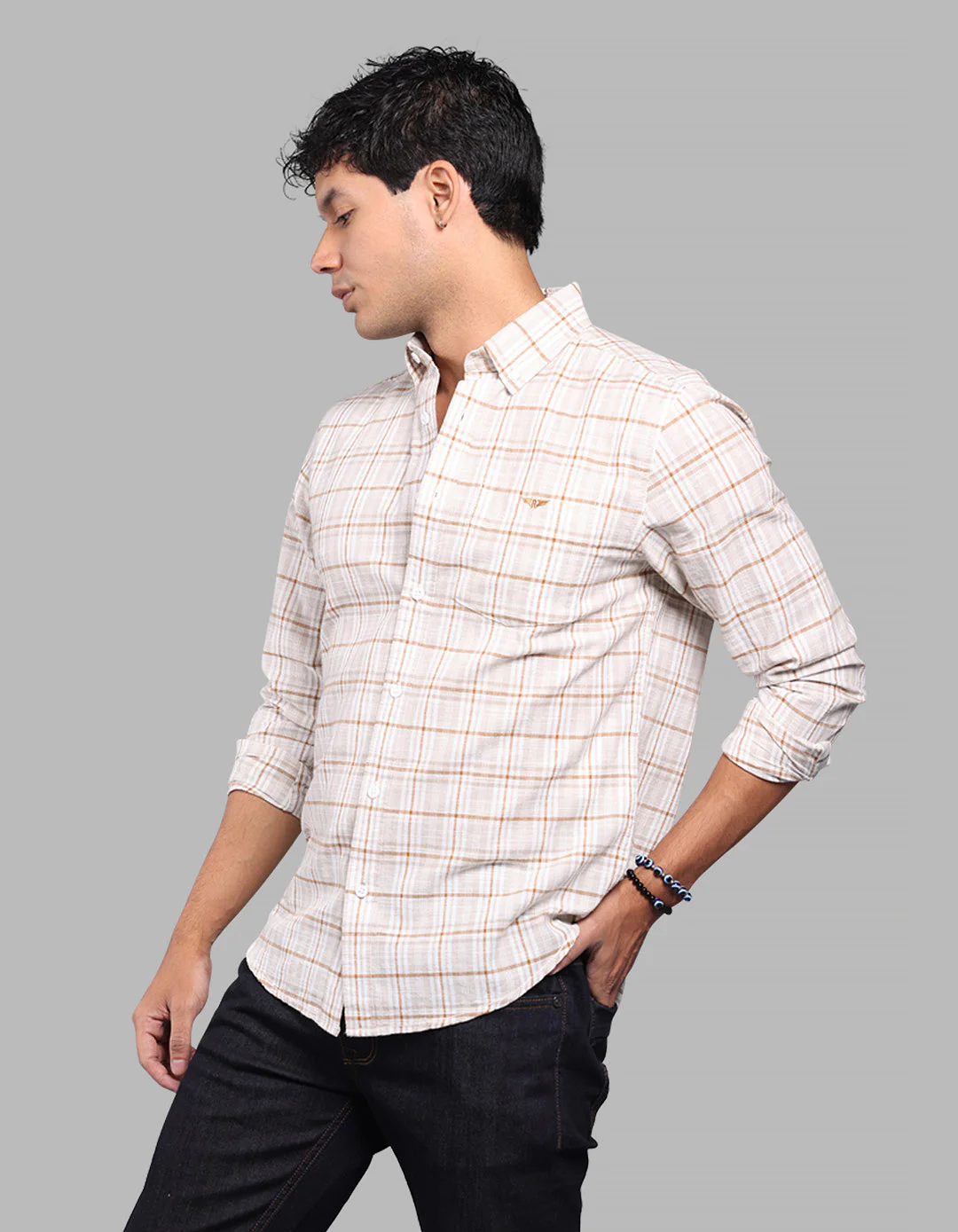Lt Beige Full Sleeve Check Shirt - Image 3