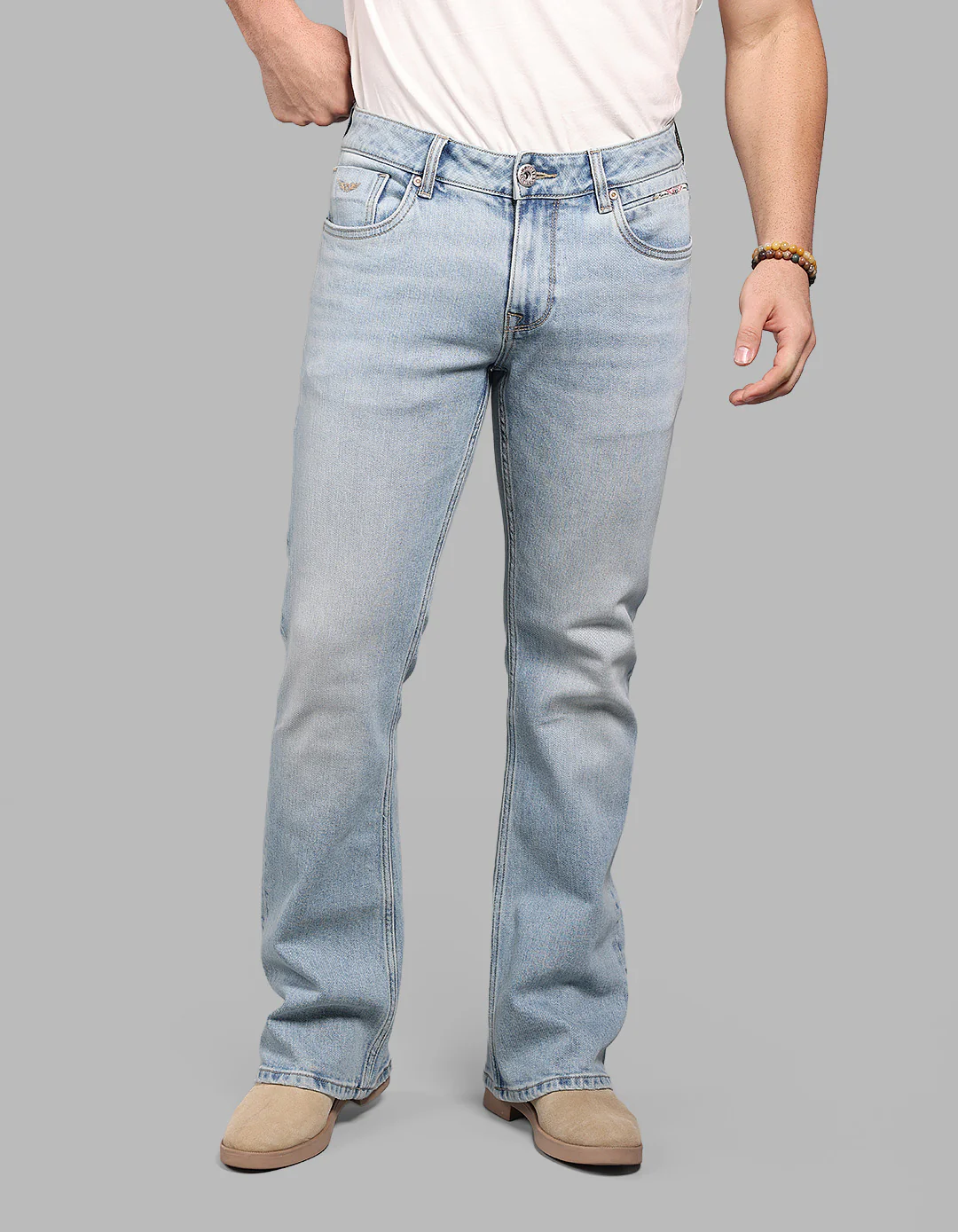 Lt Blue 5 Pocket Mid Rise Loose Boot Leg Stretch Jeans