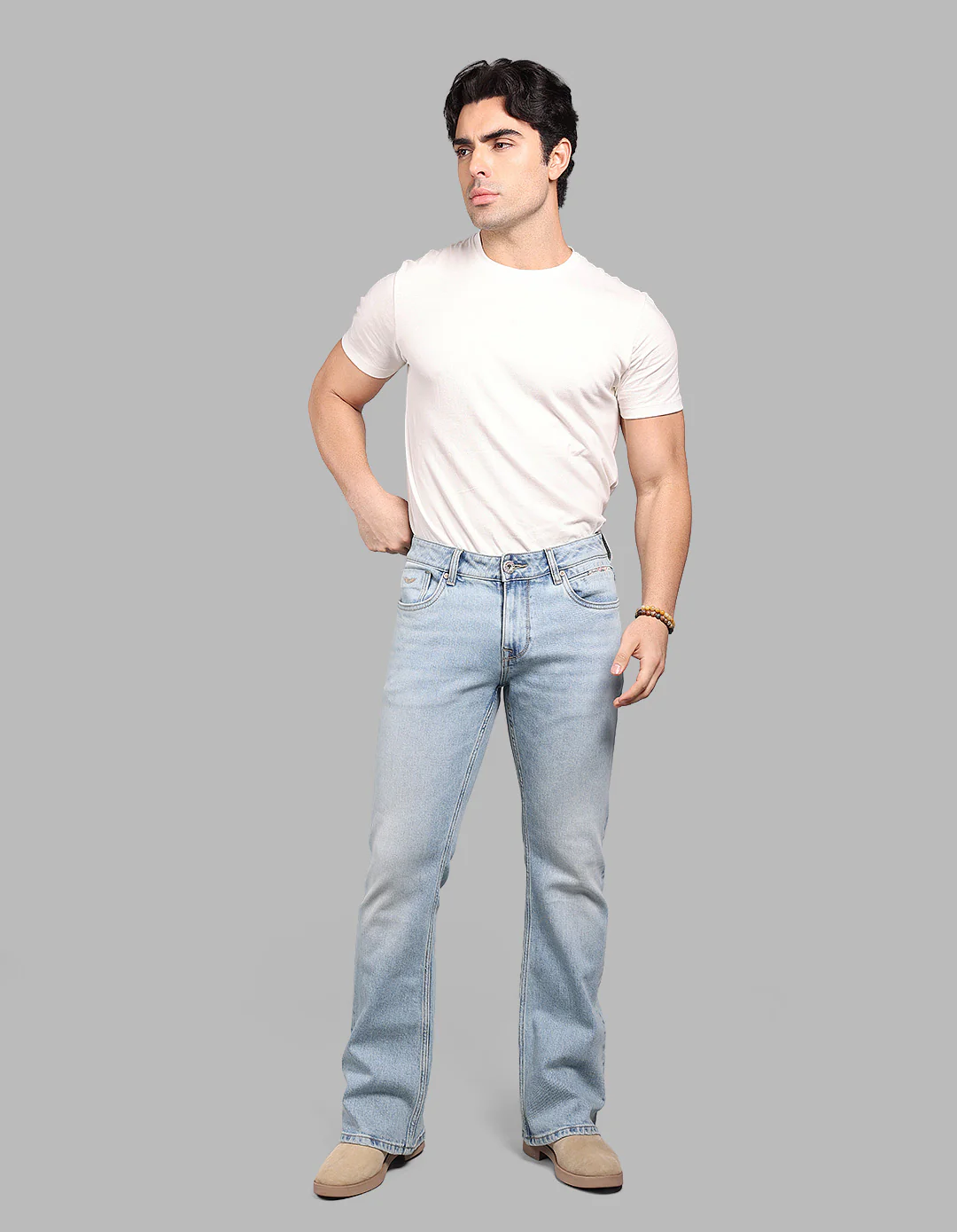 Lt Blue 5 Pocket Mid Rise Loose Boot Leg Stretch Jeans - Image 3