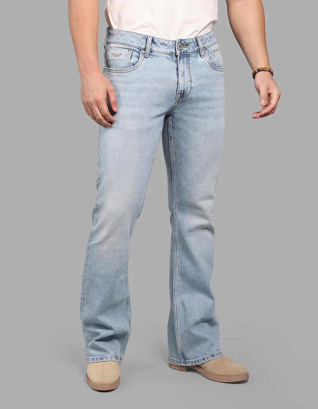 Lt Blue 5 Pocket Mid Rise Loose Boot Leg Stretch Jeans - Image 4
