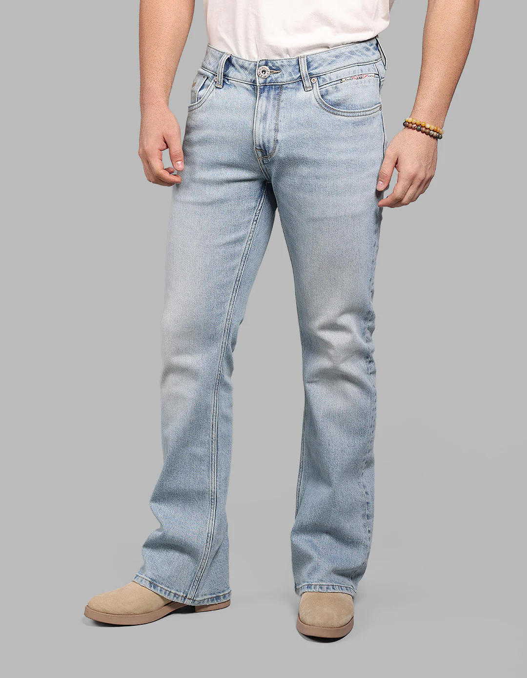 Lt Blue 5 Pocket Mid Rise Loose Boot Leg Stretch Jeans - Image 5