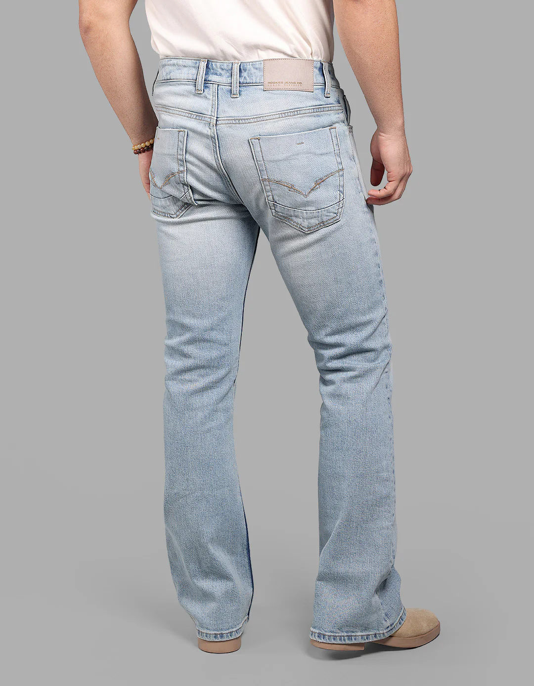 Lt Blue 5 Pocket Mid Rise Loose Boot Leg Stretch Jeans - Image 6