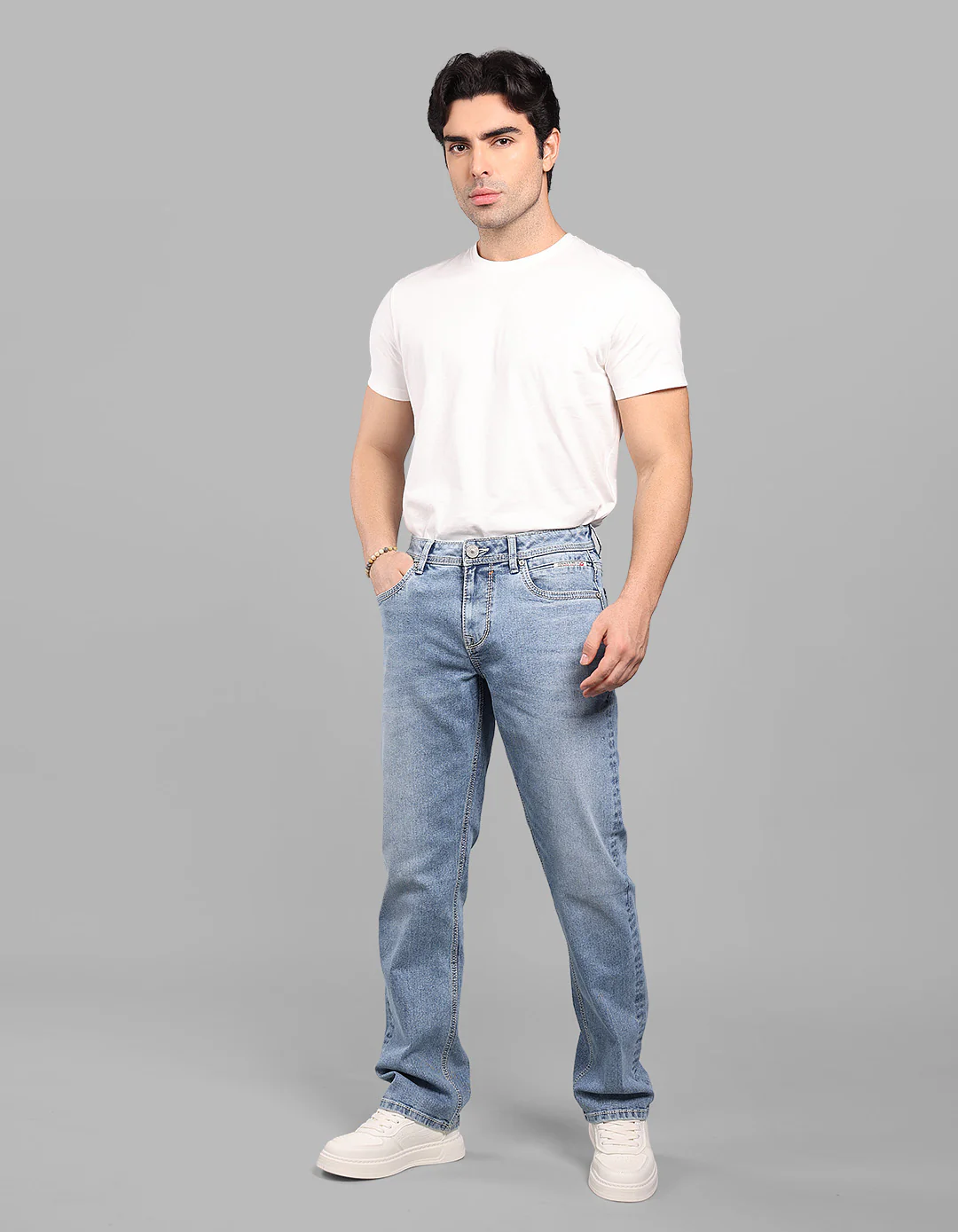 Lt Blue 5 Pocket Midrise, Comfort And Straight Fit Stretch Jeans - Image 3