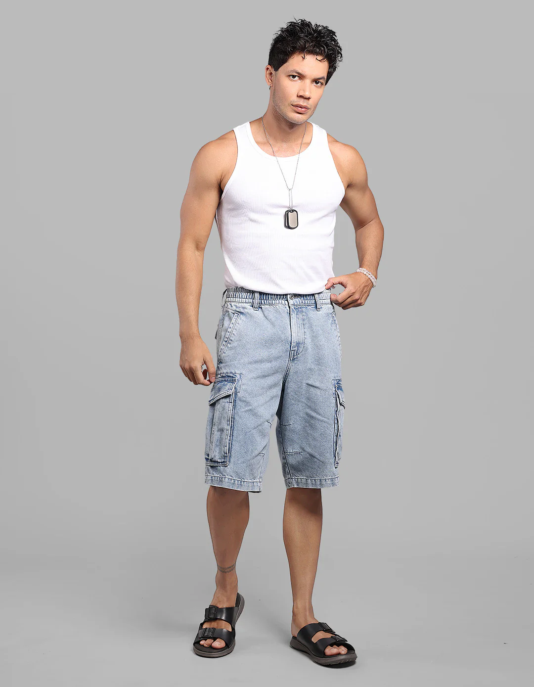 Lt Blue Denim Cargo Shorts - Image 2
