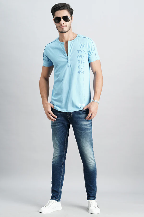 Lt Blue Half Sleeve Henley Neck Tee - Image 2
