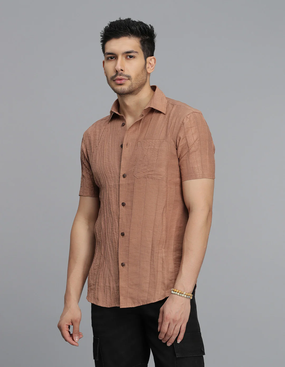 Lt Brown Half Sleeves Textured Dobby Shirt