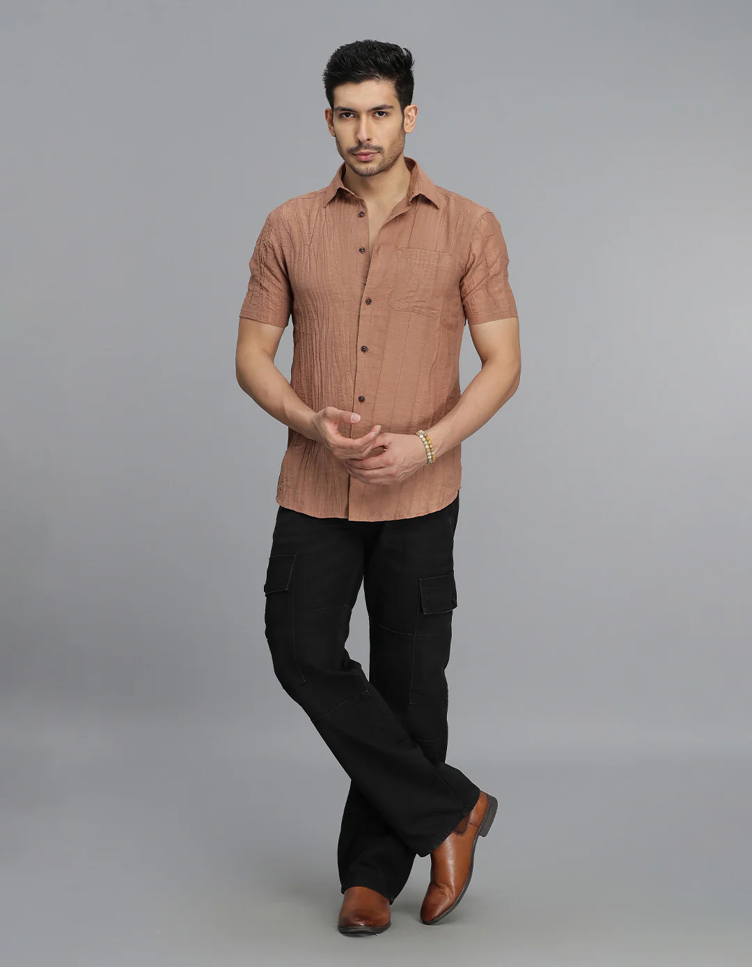 Lt Brown Half Sleeves Textured Dobby Shirt - Image 2
