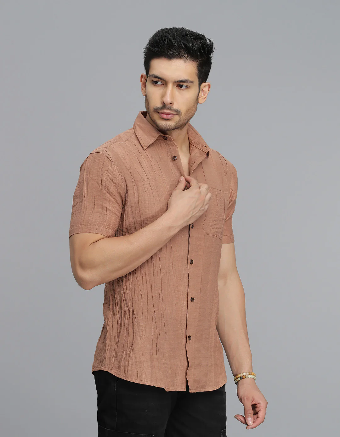 Lt Brown Half Sleeves Textured Dobby Shirt - Image 3
