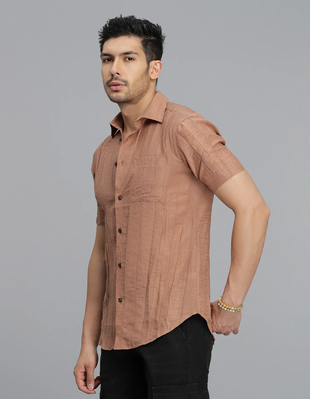 Lt Brown Half Sleeves Textured Dobby Shirt - Image 4