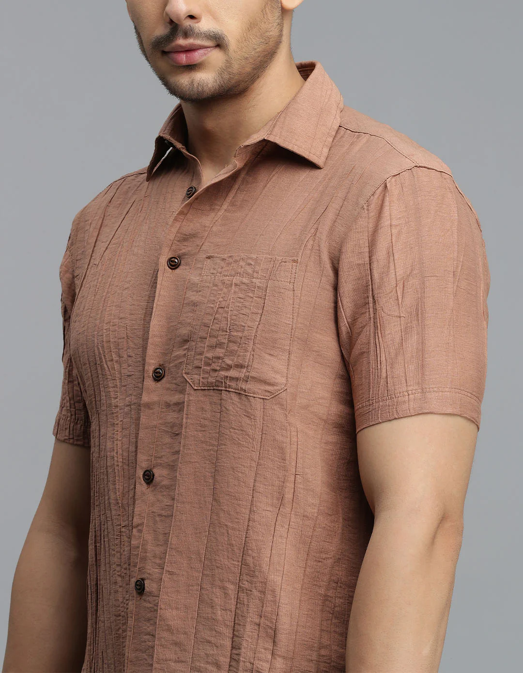 Lt Brown Half Sleeves Textured Dobby Shirt - Image 6