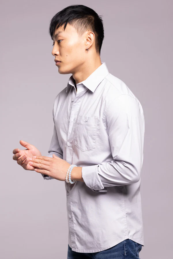Lt Grey Full Sleeves Solid Shirt - Image 3