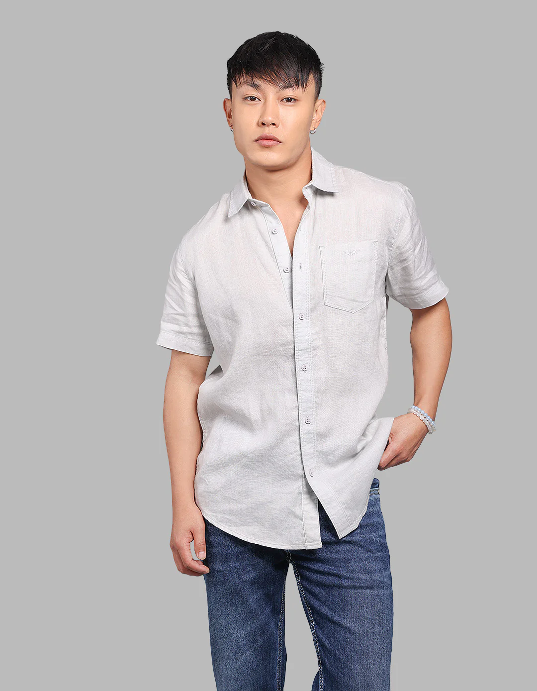 Lt Grey Half Sleeve 100% Linen Shirt