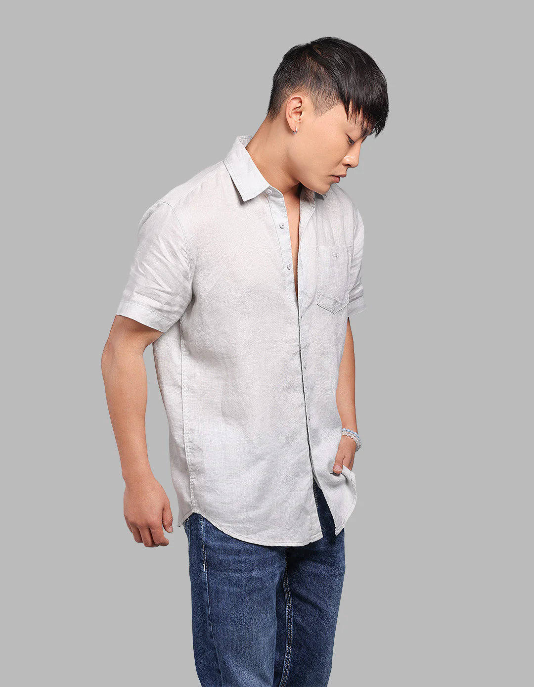Lt Grey Half Sleeve 100% Linen Shirt - Image 4
