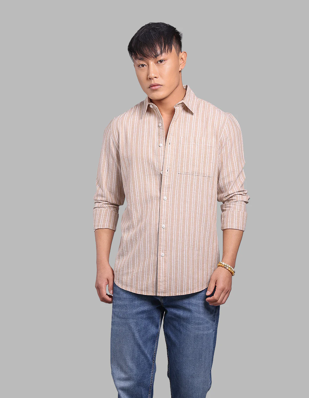 Lt Khaki Full Sleeve Stripe Shirt