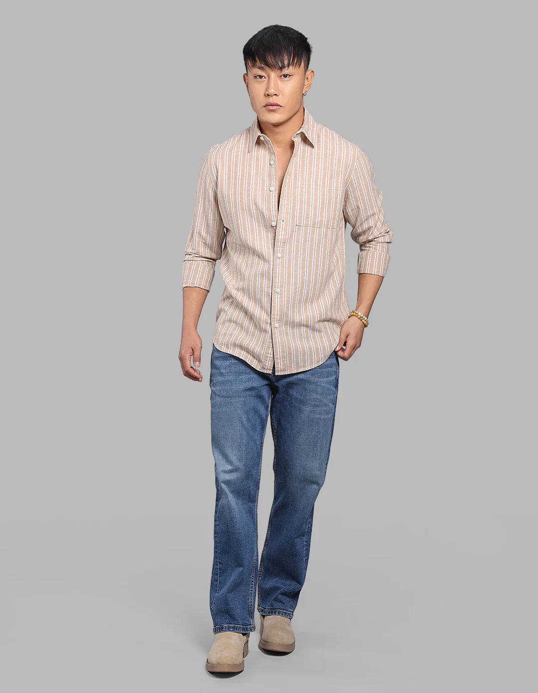 Lt Khaki Full Sleeve Stripe Shirt - Image 2