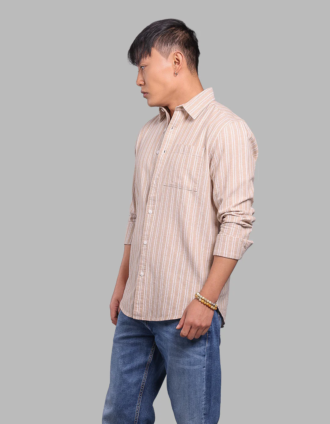 Lt Khaki Full Sleeve Stripe Shirt - Image 3