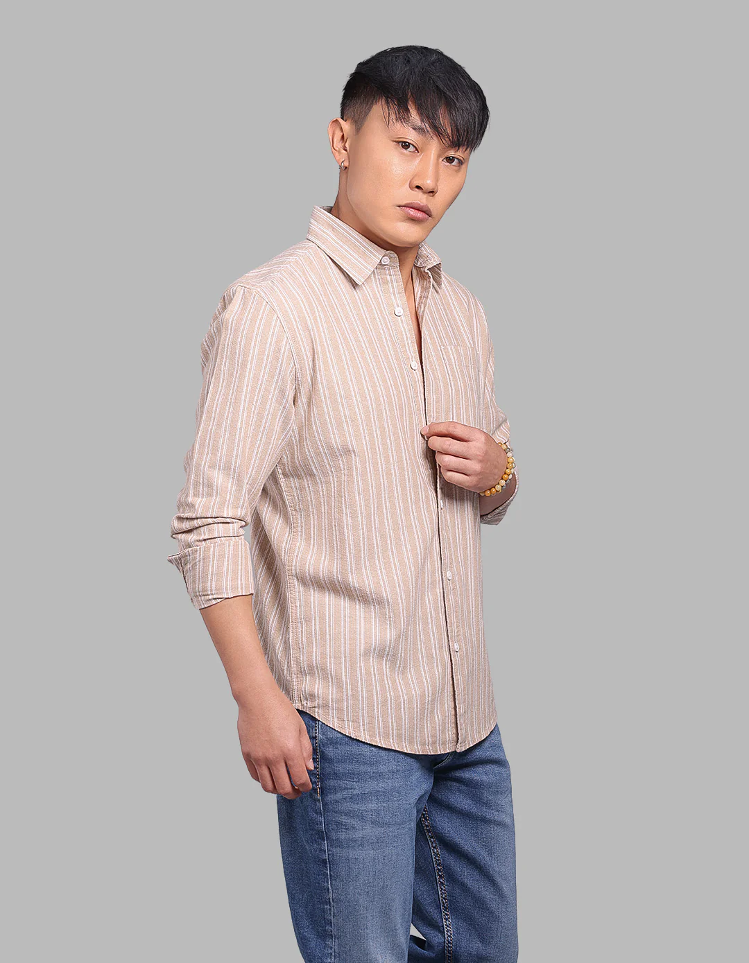 Lt Khaki Full Sleeve Stripe Shirt - Image 4