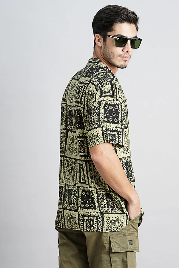 Lt Olive Black Half Sleeve Printed Shirt - Image 4