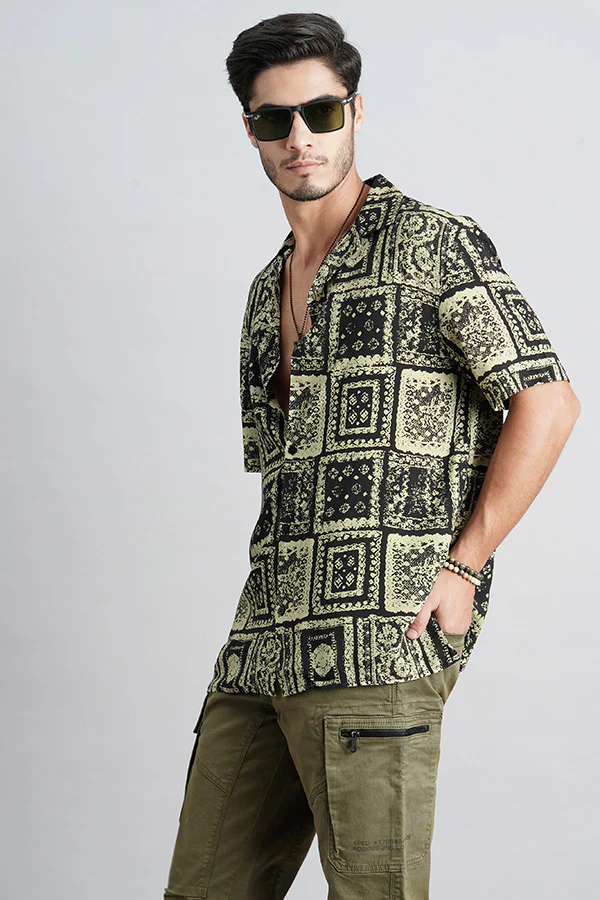 Lt Olive Black Half Sleeve Printed Shirt - Image 5