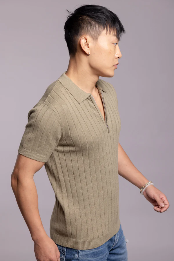 Lt Olive Half Sleeve Flatknit Polo Tee - Image 3