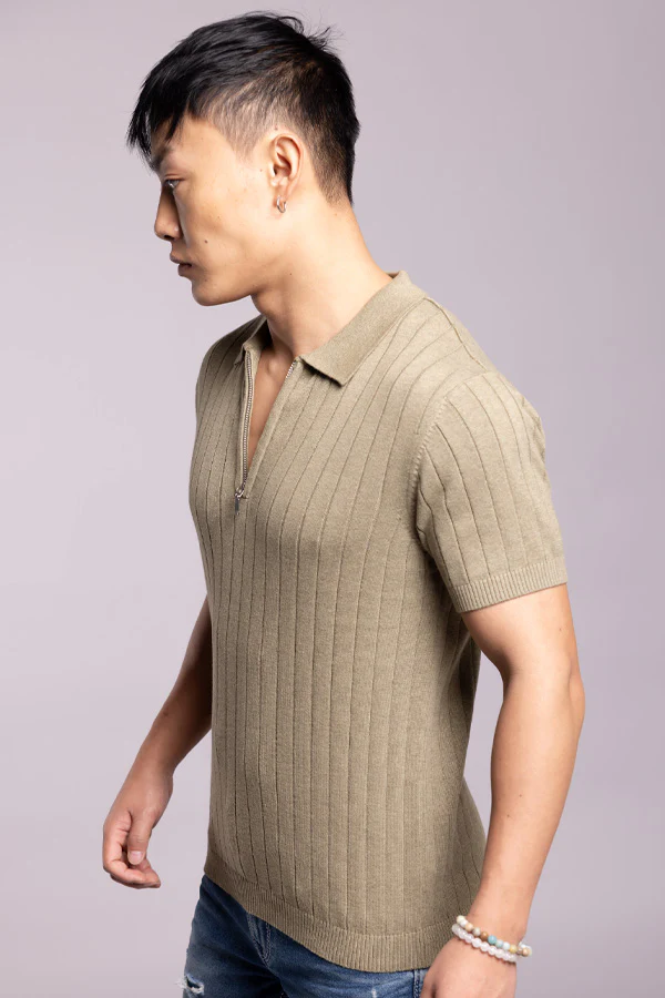 Lt Olive Half Sleeve Flatknit Polo Tee - Image 5
