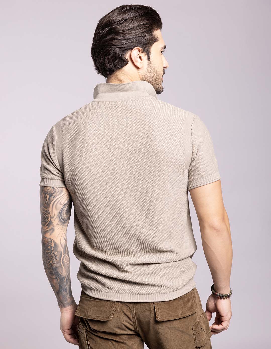 Lt Olive Half Sleeves Flatknit Polo Tee - Image 3