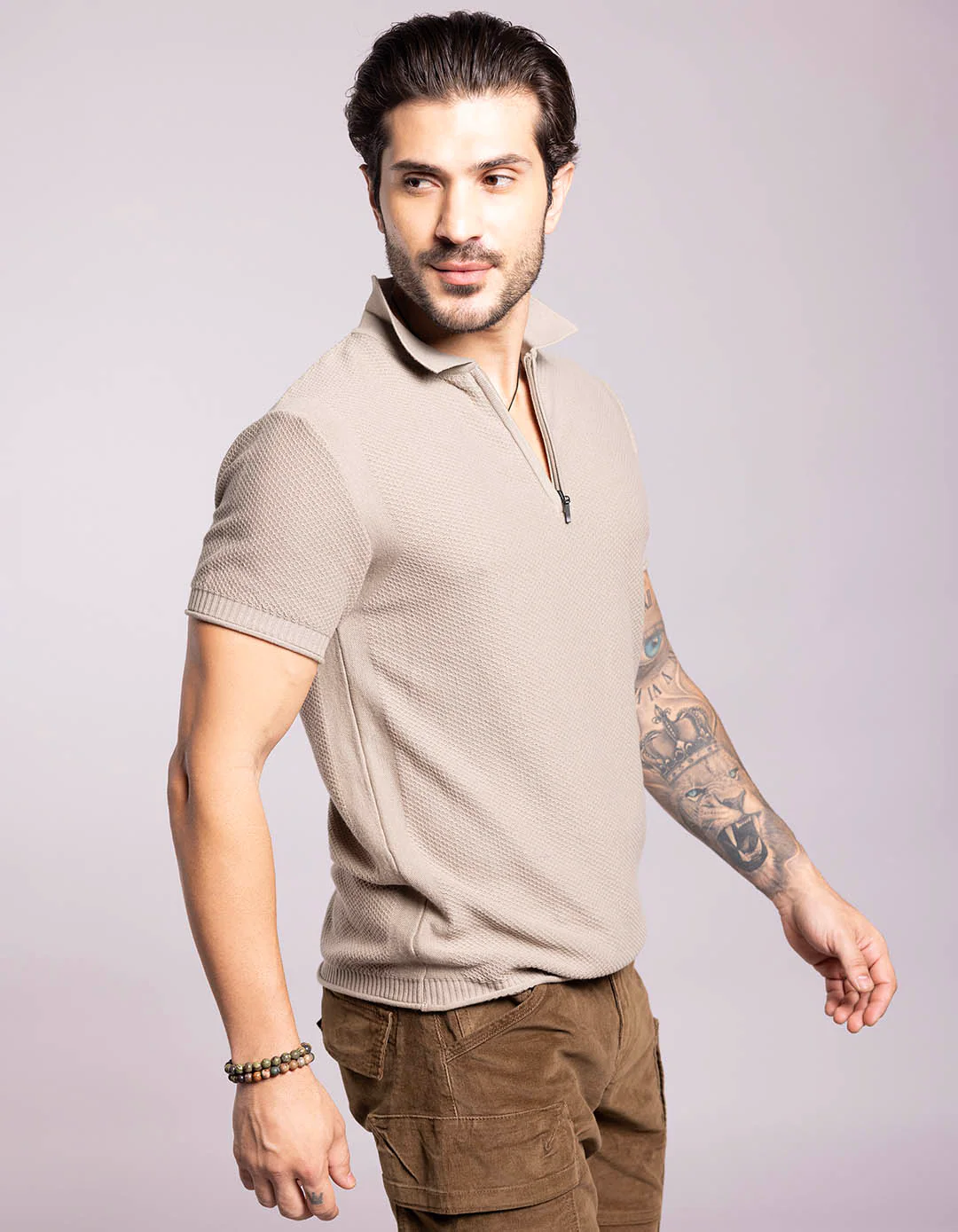 Lt Olive Half Sleeves Flatknit Polo Tee - Image 4