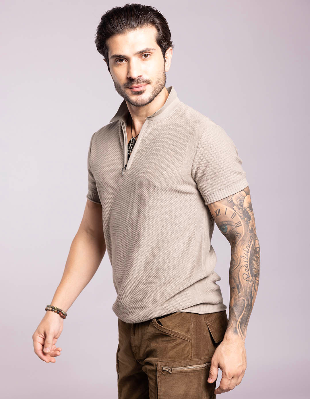 Lt Olive Half Sleeves Flatknit Polo Tee - Image 5
