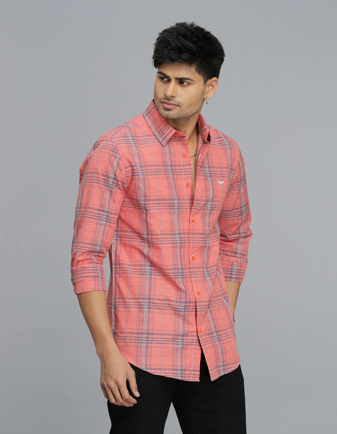 Lt Orange Full Sleeves Check Shirt