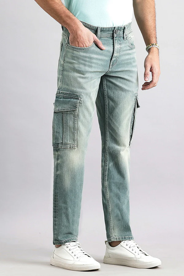 Lt Petrol Regular Fit Denim Cargo Pant - Image 3