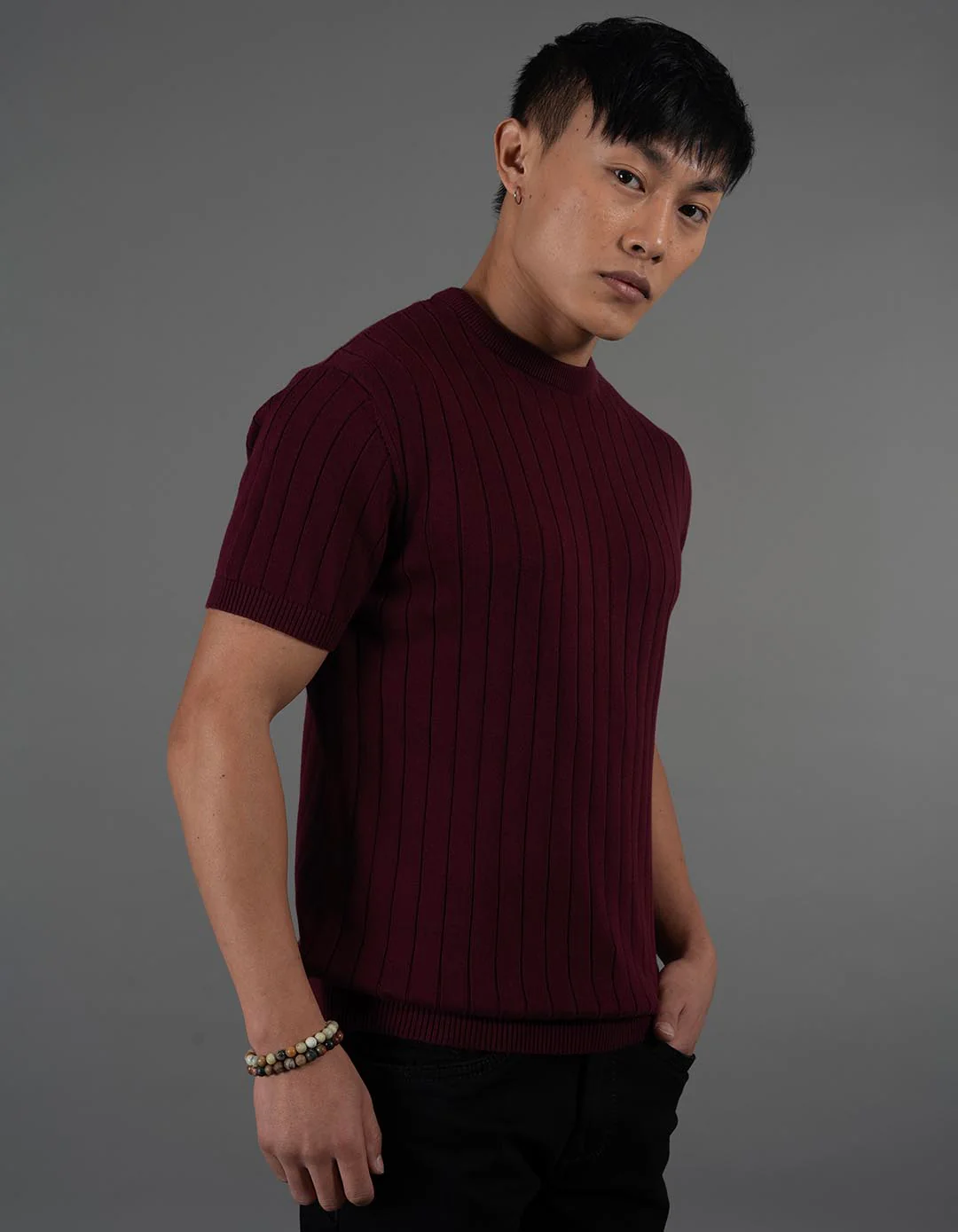 Maroon Round Neck Flatknit Tee - Image 3