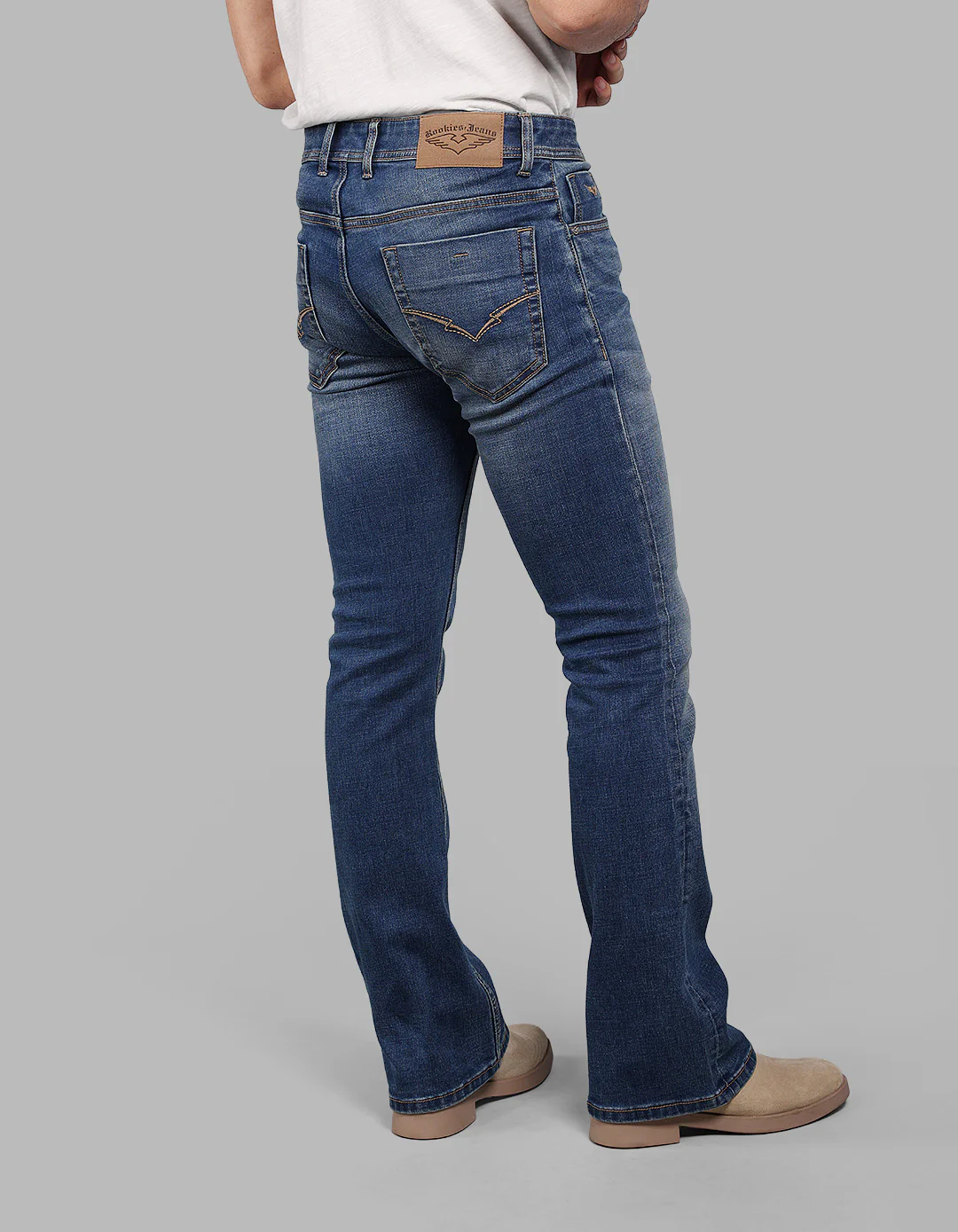 Med Blue 5 Pocket Mid Rise Cropped Length Loose Boot Leg Stretch Jeans - Image 7