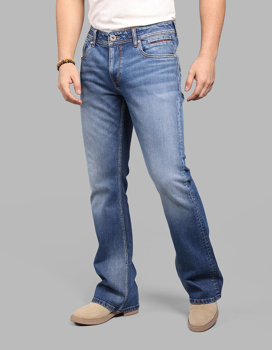 Med Blue 5 Pocket Mid Rise Cropped Length Loose Boot Leg Stretch Jeans - Image 3