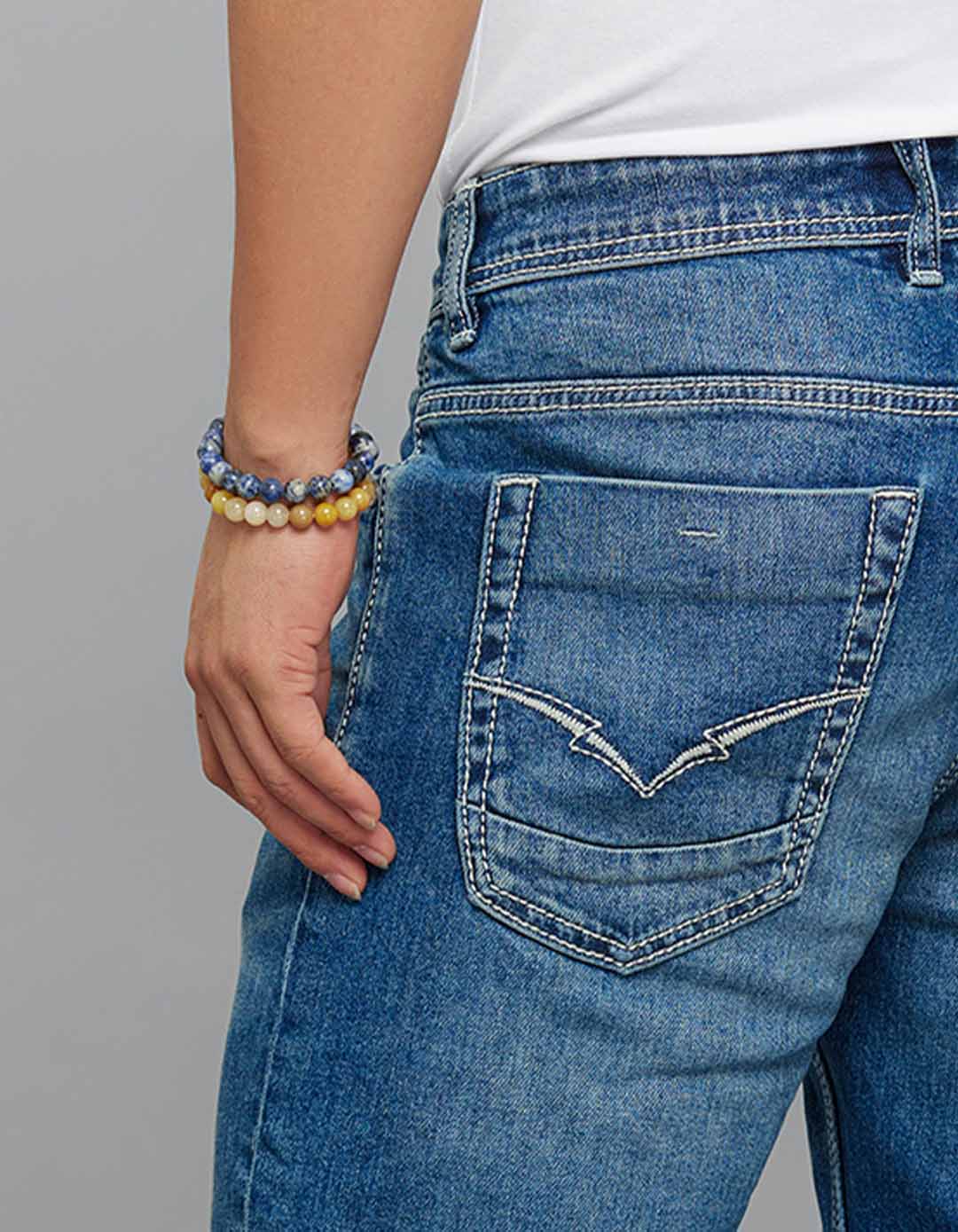 Med Blue 5 Pocket Mid Rise Cropped Length Loose Boot Leg Stretch Jeans - Image 6