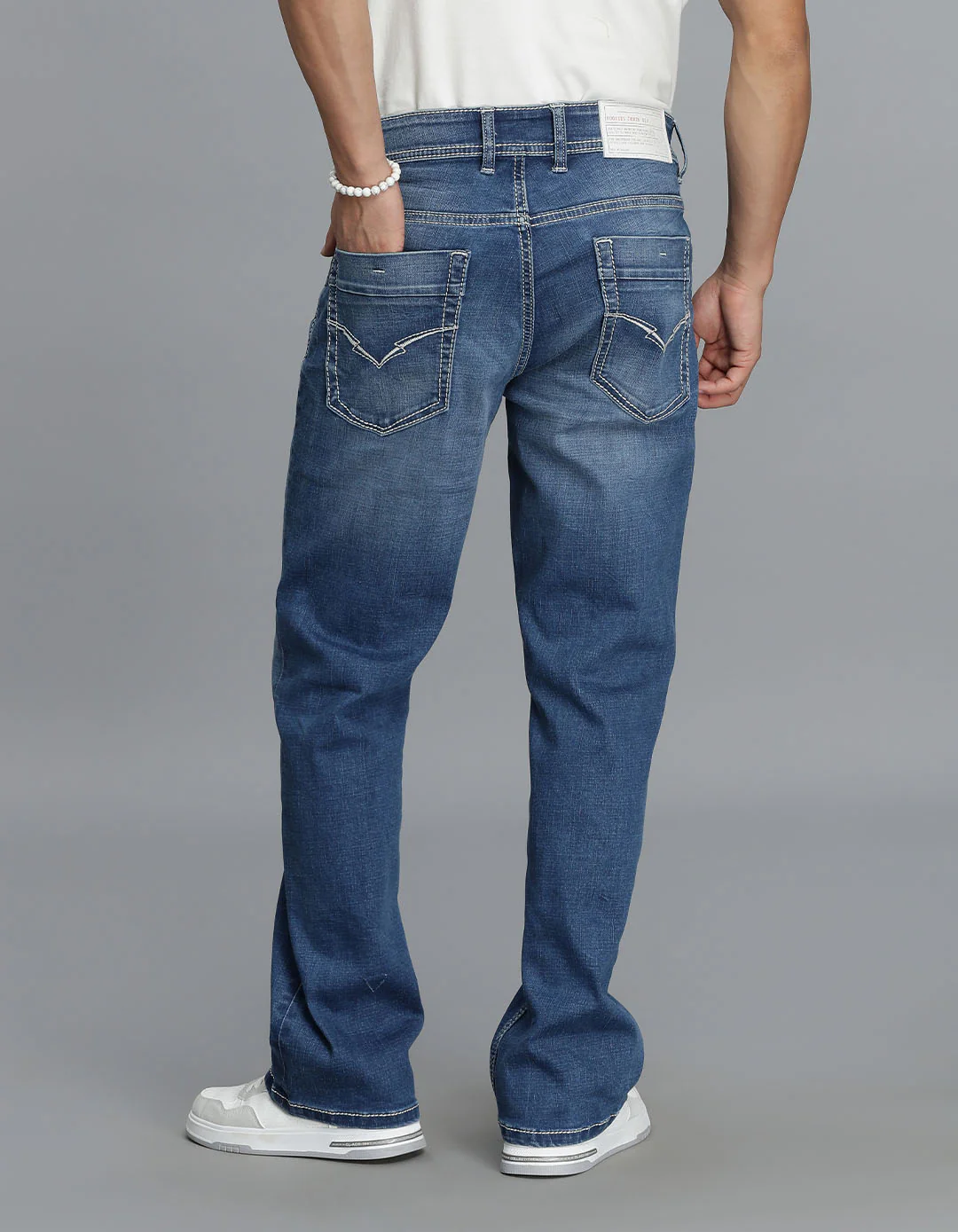 Med Blue 5 Pocket Mid Rise Loose Boot Leg Cropped Jeans - Image 5