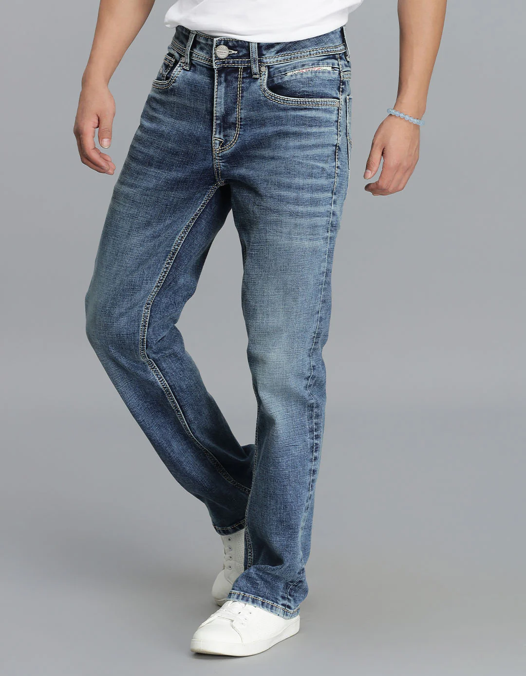 Med Blue 5 Pocket Mid Rise Loose Boot Leg Cropped Jeans - Image 3